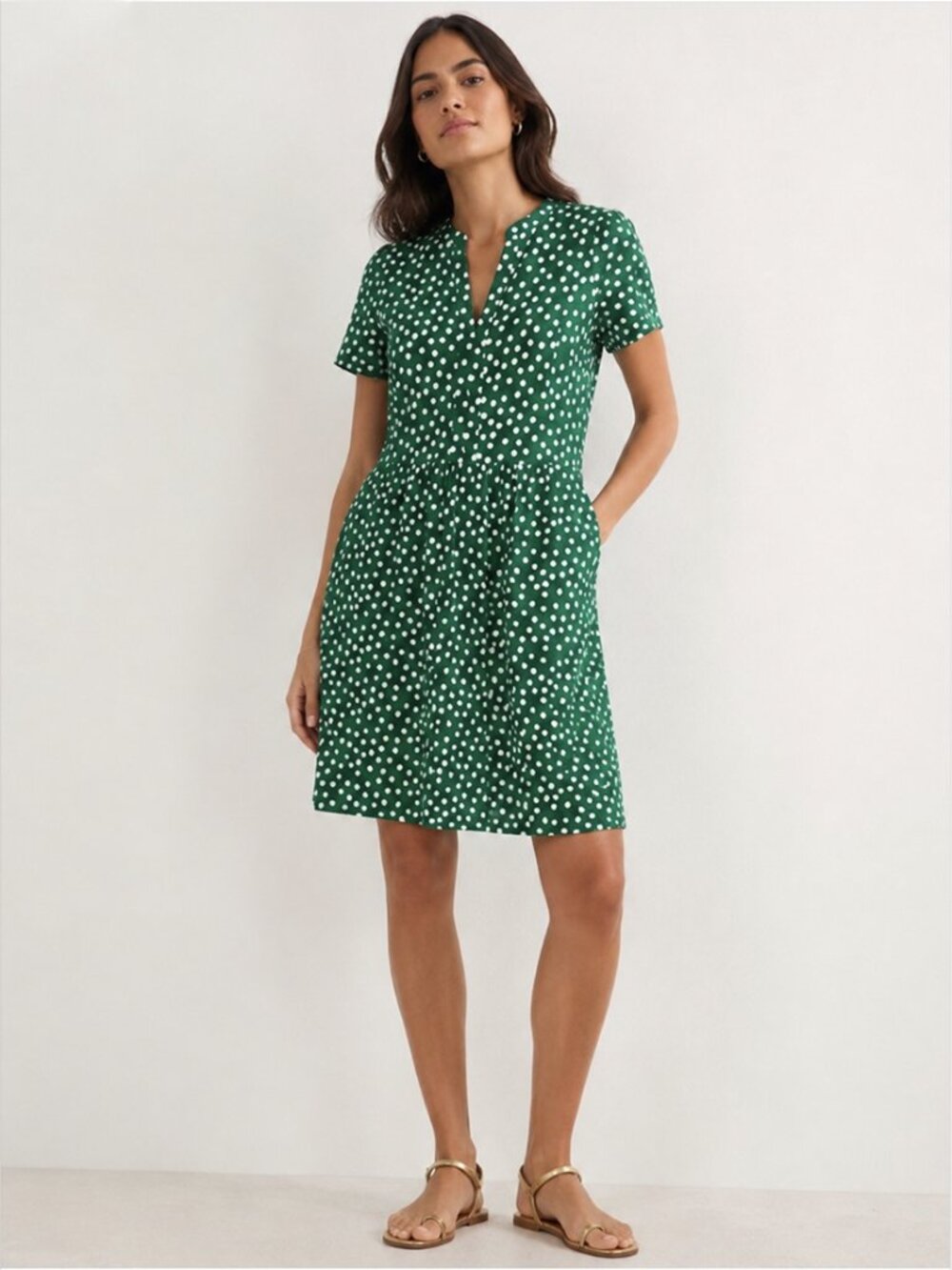 Boden Womens Naomi Short Sleeve Jersey Dress 6 Polka Dot Green Pockets D1296